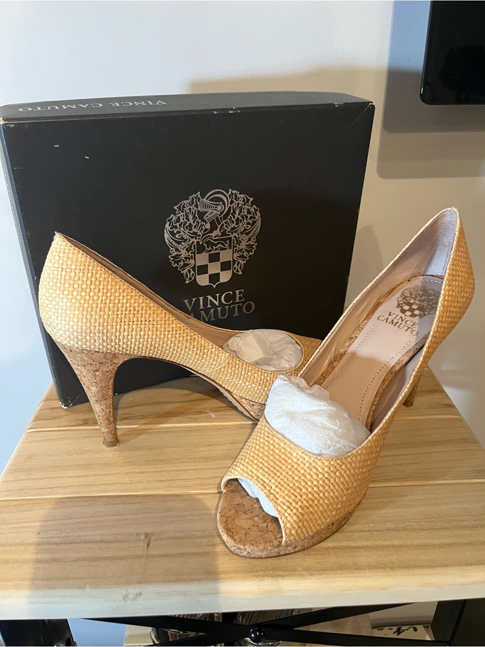 Vince Camuto Yellow Raffia Peep-Toe Heels with Cork Heel